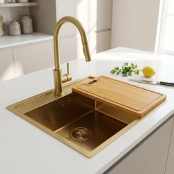brushed-gold-kitchen-sink-with-bamboo-cutting-board